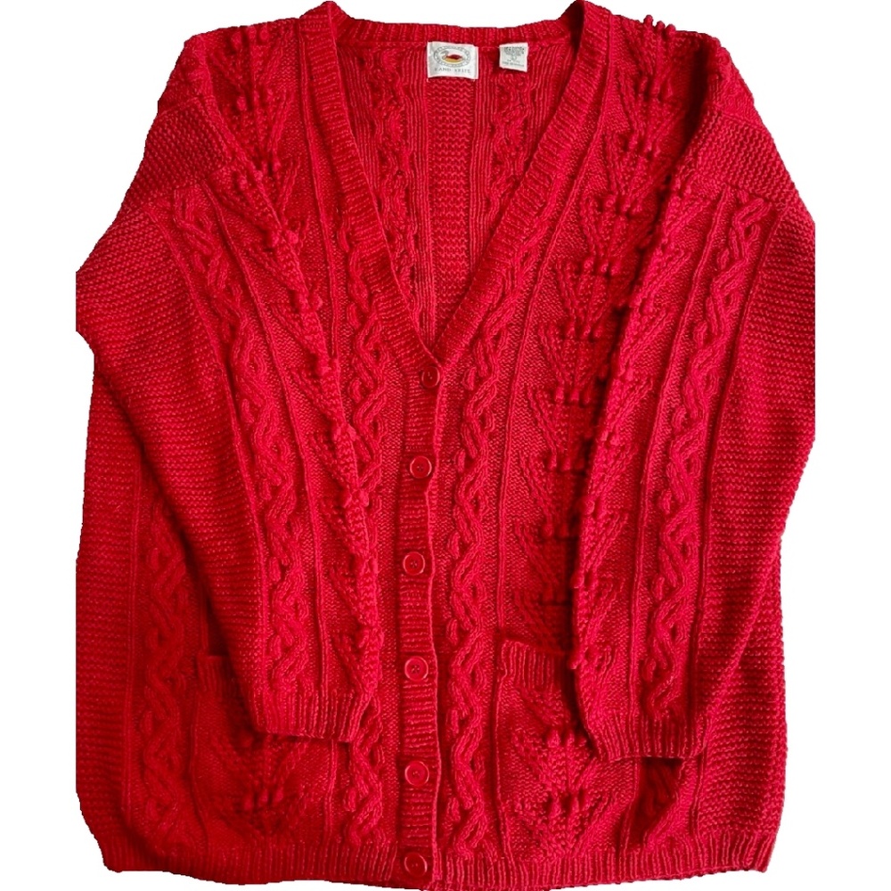 Women's Hand Knit Red Cardigan Coat Sweater Large